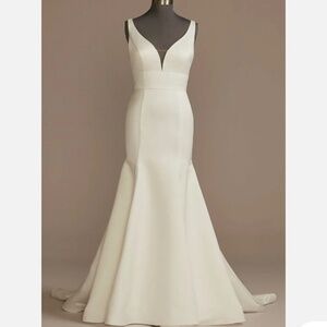 DB Studio, Plunge Mermaid Buttoned Satin Petite Wedding Dress